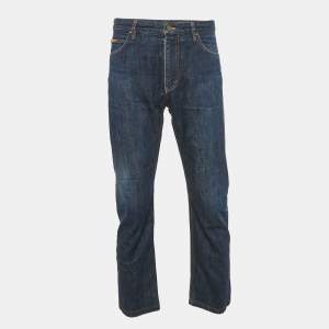 Louis Vuitton Blue Denim Leather Tab Detail Regular Jeans L Waist 35"