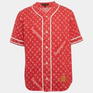 Louis Vuitton x Supreme Red Monogram Jacquard Baseball Shirt M