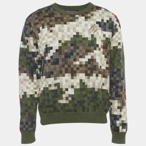 Louis Vuitton Green Damier Cotton Jacquard Stud Detail Pullover M