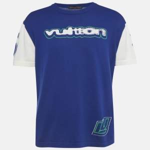 Pre Owned Louis Vuitton White/Blue Intarsia Cotton Knit Crewneck T-Shirt L