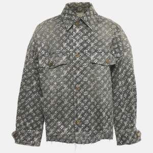 Pre Owned Louis Vuitton Grey Embellished Monogram Raw Edge Denim Jacket XS