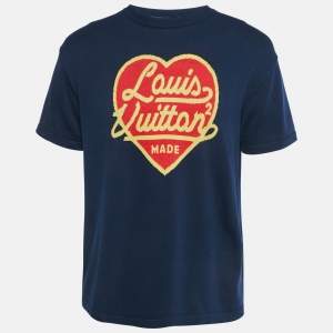 Pre Owned Louis Vuitton x Nigo Navy Blue Heart Intarsia Cotton Knit T-Shirt L