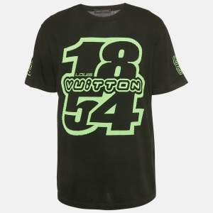 Pre Owned Louis Vuitton Black/Neon Green Intarsia Cotton 22AW T-Shirt L