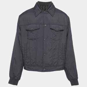 Pre Owned Louis Vuitton Navy Blue Striped Wool and Synthetic Reversible Jacket XL