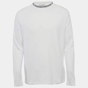 مملوكة مسبقًا تي شيرت لويس فيتون جيرسي أبيض بشعار الياقة طويل الأكمام مقاس كبير