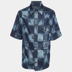 Pre Owned Louis Vuitton Blue Damier Salt Denim Short Sleeve Shirt L