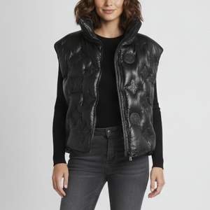 Pre Owned Louis Vuitton Black Logo Embossed Leather Zip up Puffer Jacket S