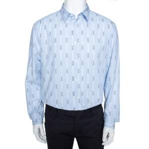 Louis Vuitton Light Blue Logo Jacquard Striped Cotton Regular Fit Shirt XXL