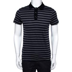 Louis Vuitton Navy Blue & Grey Striped Cotton Polo T-Shirt S
