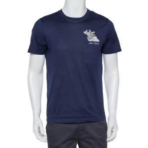 Louis Vuitton Navy Blue Cotton Applique Detail Crewneck T-Shirt S