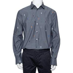 Louis Vuitton Grey Cotton Fil Coupé Detail DNA Collared Shirt M