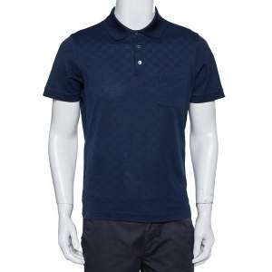 Louis Vuitton Navy Blue Cotton Pique Damier Pattern Polo T-Shirt L