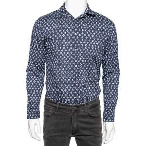 Louis Vuitton Indigo Blue Logo Printed Cotton Button Front Shirt S 