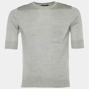Louis Vuitton Grey Silk & Cotton Knit Logo Detail T-Shirt M 