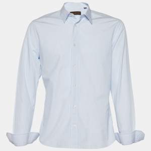 Louis Vuitton Blue Monogram Pattern Striped Cotton Long Sleeve Shirt XL