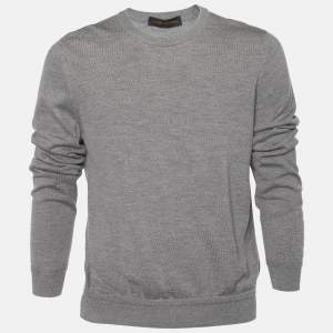 Louis Vuitton Grey Wool & Silk Knit Leather Patch Jumper L