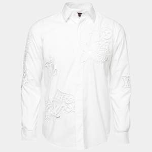 Louis Vuitton White Eyelet Logo Embroidered Cotton Button Front Shirt M