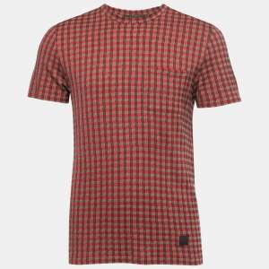 Louis Vuitton Red Patterned Cotton Knit Crew Neck Half Sleeve T-Shirt S