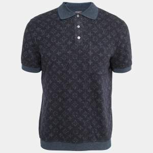 Louis Vuitton Navy Blue Monogram Wool Blend Knit Polo T-Shirt L