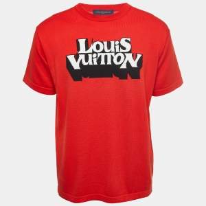 Louis Vuitton Red Logo Patterned Cotton Knit Crew Neck Half Sleeve T-Shirt M