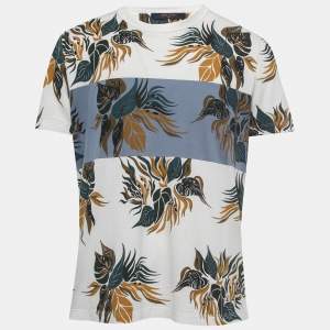 Louis Vuitton Off White/Blue Paneled Leaf Print Cotton Half Sleeve T-Shirt L