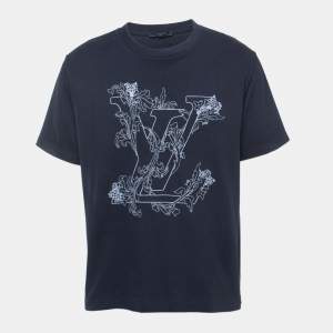 Louis Vuitton Navy Blue Logo Embroidered Cotton Crew Neck Half Sleeve T-Shirt L