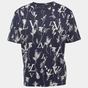 Louis Vuitton Navy Blue Logo Leaf Print Cotton Crew Neck Half Sleeve T-Shirt XL