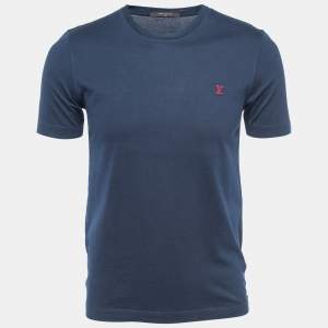 Louis Vuitton Navy Blue Logo Embroidered Cotton Crew Neck Half Sleeve T-Shirt S