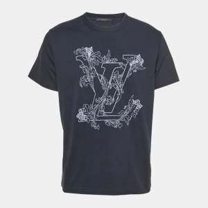 Louis Vuitton Navy Blue Logo Embroidered Cotton Crew Neck Half Sleeve T-Shirt XS