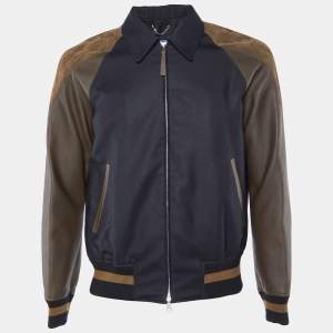 Louis Vuitton Navy Blue Wool  & Contrast Leather Sleeve Detail Bomber Jacket S