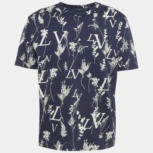 Louis Vuitton Navy Blue Leaf Discharge Print Cotton T-Shirt XL