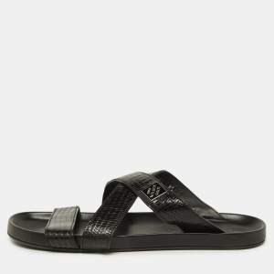 Louis Vuitton Black Lizard Leather Criss Cross Flat Sandals 43.5