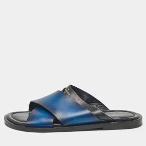 Louis Vuitton Blue/Black Leather Foch Slides Size 41