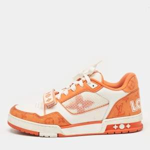 Pre Owned Louis Vuitton Orange Monogram Denim and Leather LV Trainer Sneakers Size 42.5