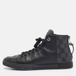 Louis Vuitton Black Leather and Damier Graphite Canvas High Top Sneakers Size 39