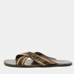 Louis Vuitton Brown/Beige Leather and Fabric Criss-Cross Flat Sandals Size 44