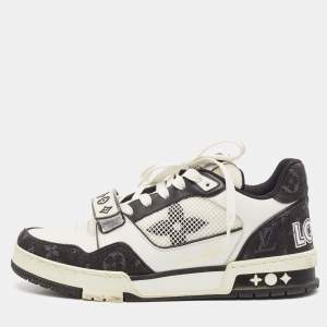 Pre Owned Louis Vuitton Black/White Leather and Monogram Denim LV Trainer Sneakers Size 40