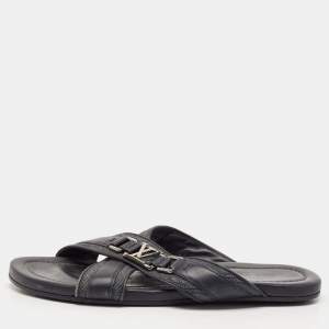 Louis Vuitton Navy Blue Denim and Leather Hamptons Flat Sandals Size 42.5