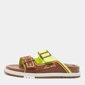 Louis Vuitton Brown/Neon Green Suede and Leather LV Trainer Mules Size 42