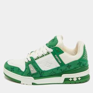 Louis Vuitton Green/White Denim and Leather LV Trainer Lace Up Sneakers Size 41.5