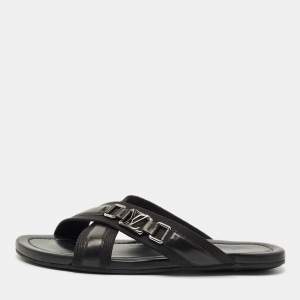 Pre Owned Louis Vuitton Black Canvas and Leather Crisscross Flat Slides Size 45