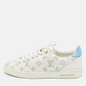 Pre Owned Louis Vuitton Blue/White Leather and Mesh Frontrow Lace  Up Sneakers Size 41