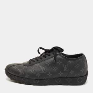 Pre Owned Louis Vuitton Black Leather and Monogram Canvas Wilderness Sneaker Size 45