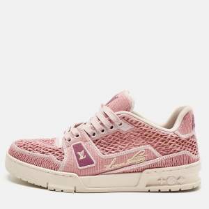 Pre Owned Louis Vuitton Pink Knit Fabric and Raffia LV Trainer Lace Up Sneakers Size 40