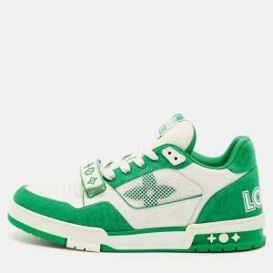 Pre Owned Louis Vuitton Green/White Monogram Denim and Leather LV Trainer Sneakers Size 42