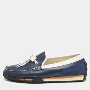 Pre Owned Louis Vuitton Blue/White Suede and Leather Racer Loafers Size 41