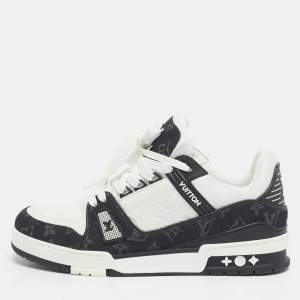 Pre Owned Louis Vuitton White/Black Denim and Leather LV Trainer Maxi Lace Up Sneakers Size 42.5