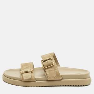 Pre Owned Louis Vuitton Beige Monogram Suede Bom Dia Flat Slide Sandals Size 45