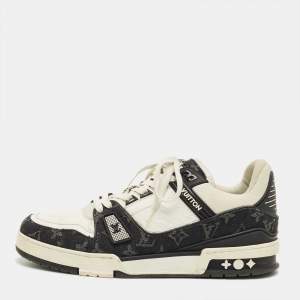 Pre Owned Louis Vuitton White/Black Denim and Leather LV Trainer Maxi Lace Up Sneakers Size 42