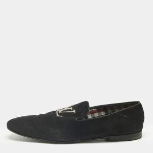 Pre Owned Louis Vuitton Black Suede  LV Logo Embroidered Smoking Slippers Size 46